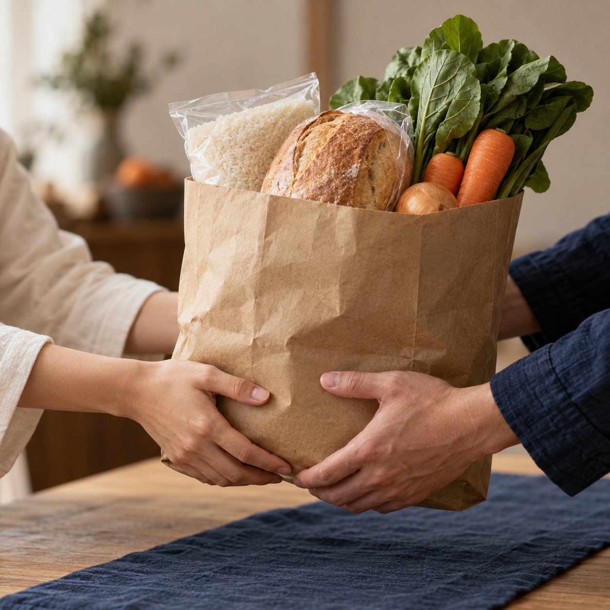 Illustrative image of hands sharing a grocery bag, representing the SAYUN giving pledge
