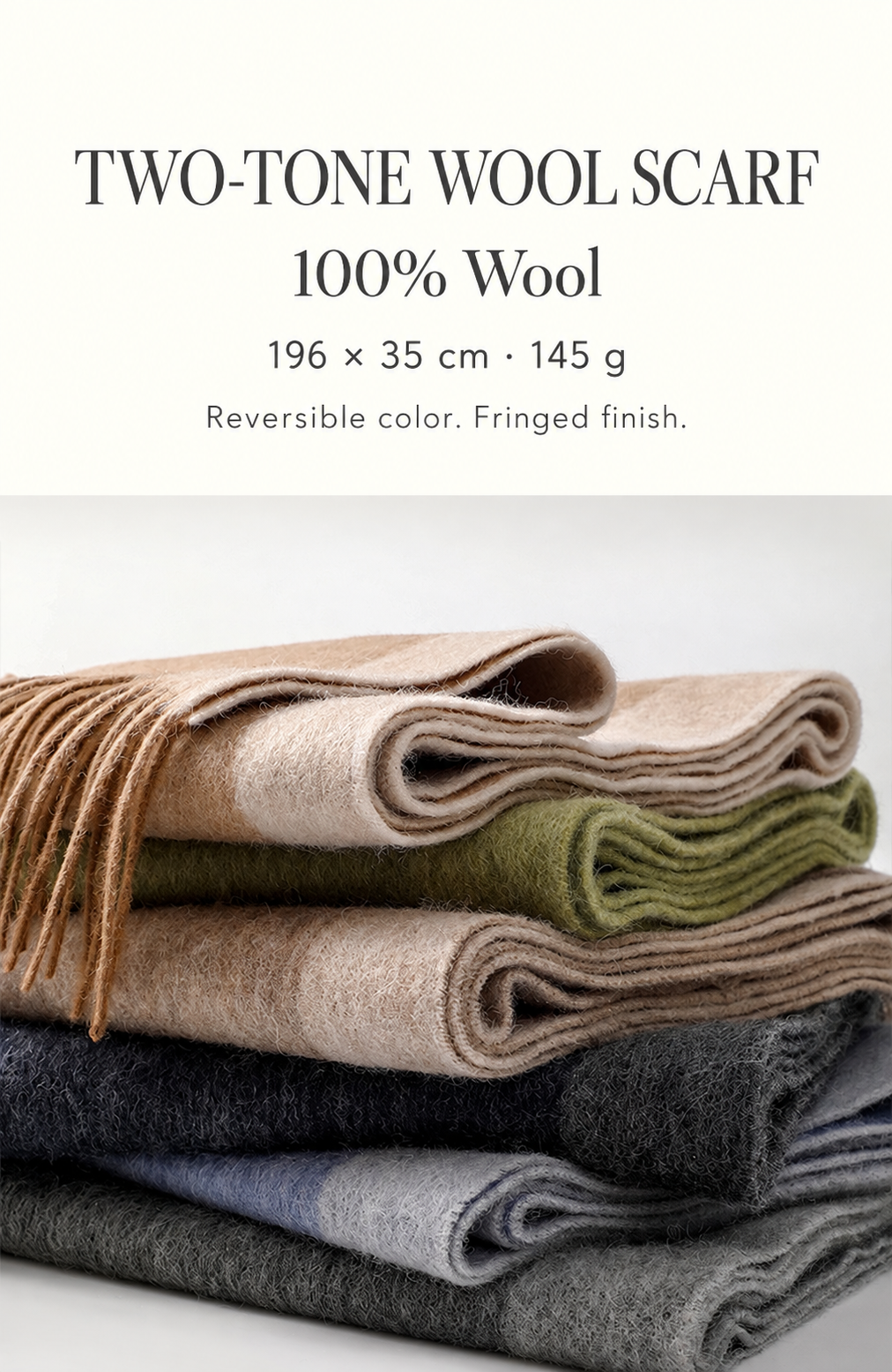 Two-tone 100% wool scarf with fringed ends, 196 × 35 cm, 145 g