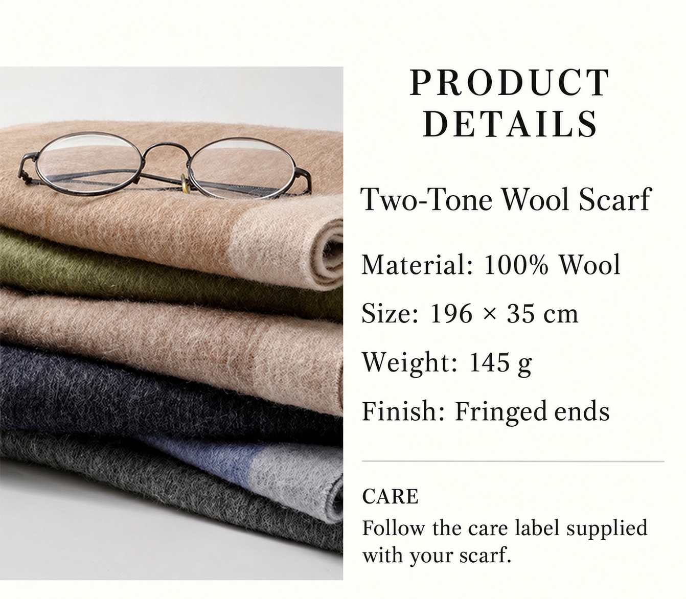 Wool scarf product details: 100% wool, 196 × 35 cm, 145 g, fringed ends