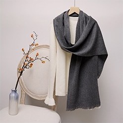Solid Ripple Wool Scarf with Short Fringe Dark Gray