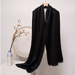 Solid Ripple Wool Scarf with Short Fringe Black