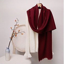 Solid Ripple Wool Scarf with Short Fringe Burgundy