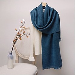 Solid Ripple Wool Scarf with Short Fringe Peacock Blue