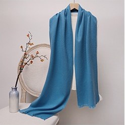 Solid Ripple Wool Scarf with Short Fringe Porcelain Blue