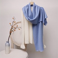 Solid Ripple Wool Scarf with Short Fringe Gray Blue