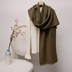 Solid Ripple Wool Scarf with Short Fringe Tobacco Green