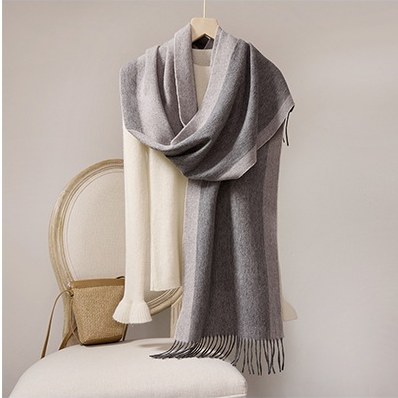 Wool Scarf with Contrast Border — RS26-W040 Light Gray