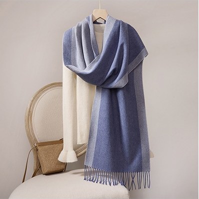 Wool Scarf with Contrast Border — RS26-W040 Ocean Blue
