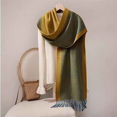 Wool Scarf with Contrast Border — RS26-W040 Olive Green