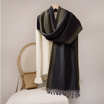 Wool Scarf with Contrast Border — RS26-W040 Dark Green