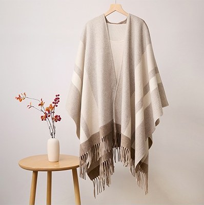 Wool Scarf with Contrast Border — RS26-W046 Beige/Camel Check