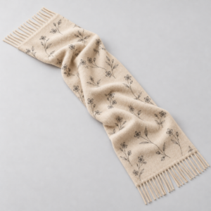 RUISONG ivory wool scarf with charcoal floral print and fringed ends