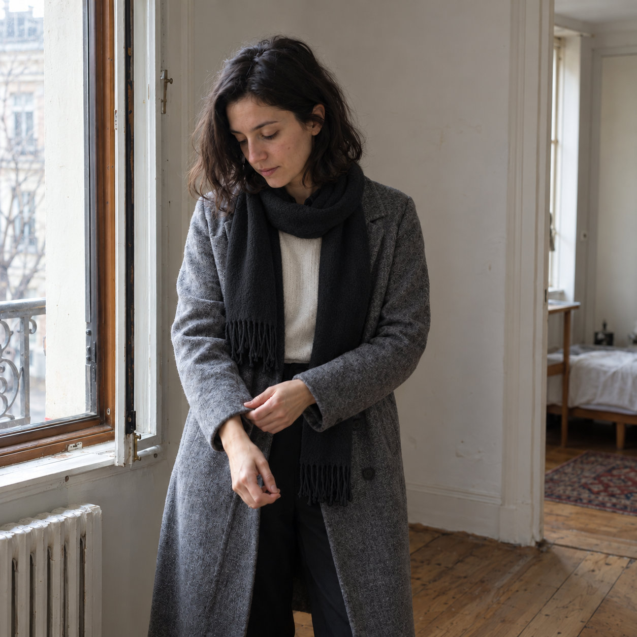 RUISONG Black wool scarf — worn by a woman RUISONG Black wool scarf — worn by a woman