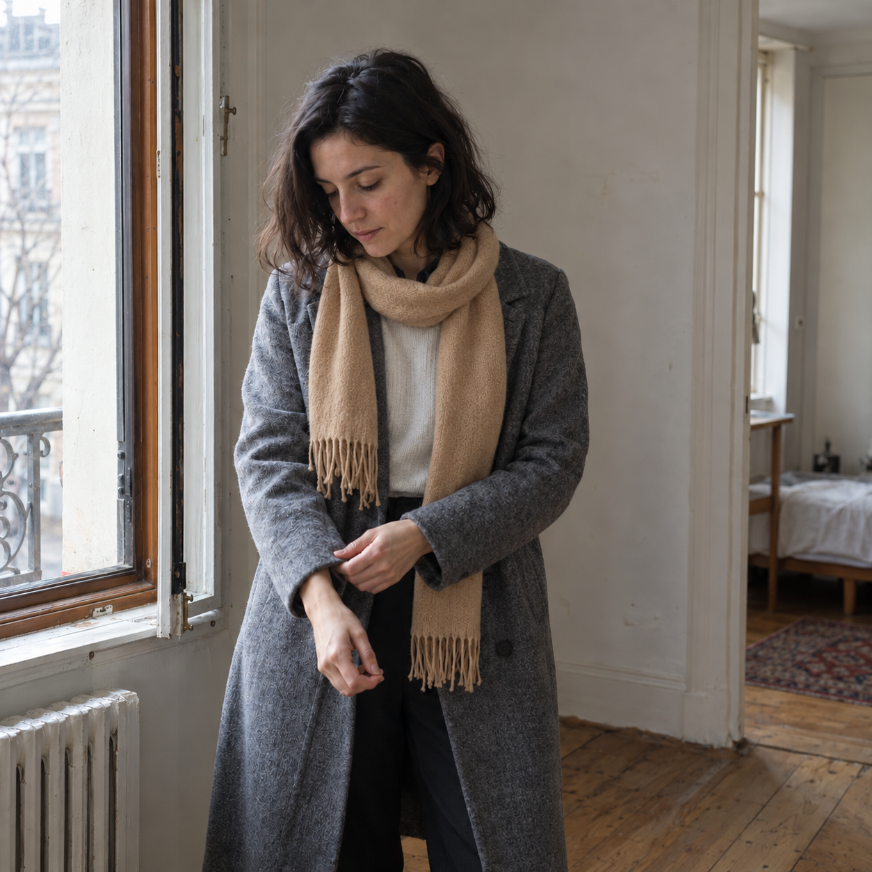 RUISONG Camel wool scarf — worn by a woman RUISONG Camel wool scarf — worn by a woman