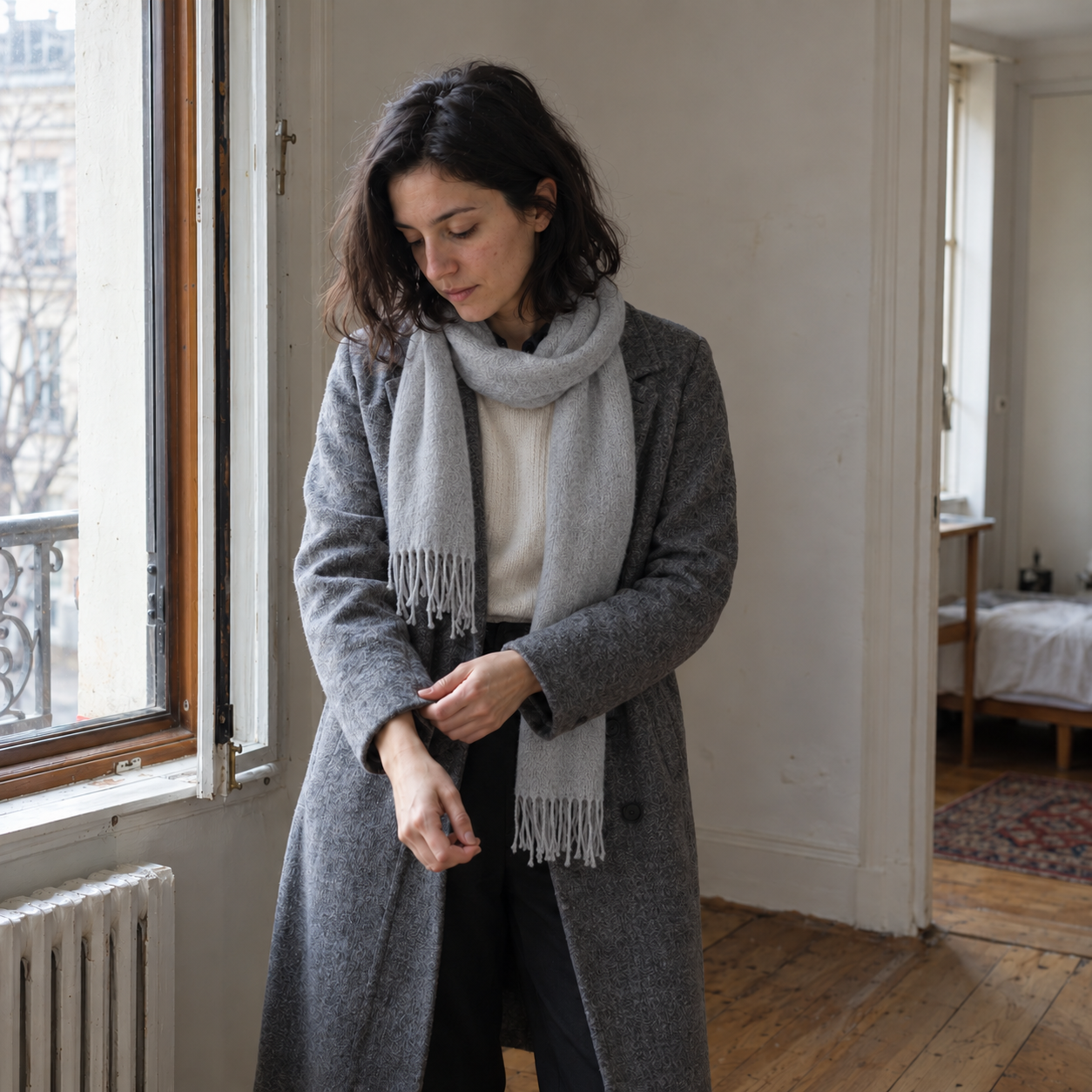RUISONG Light Grey wool scarf — worn by a woman RUISONG Light Grey wool scarf — worn by a woman