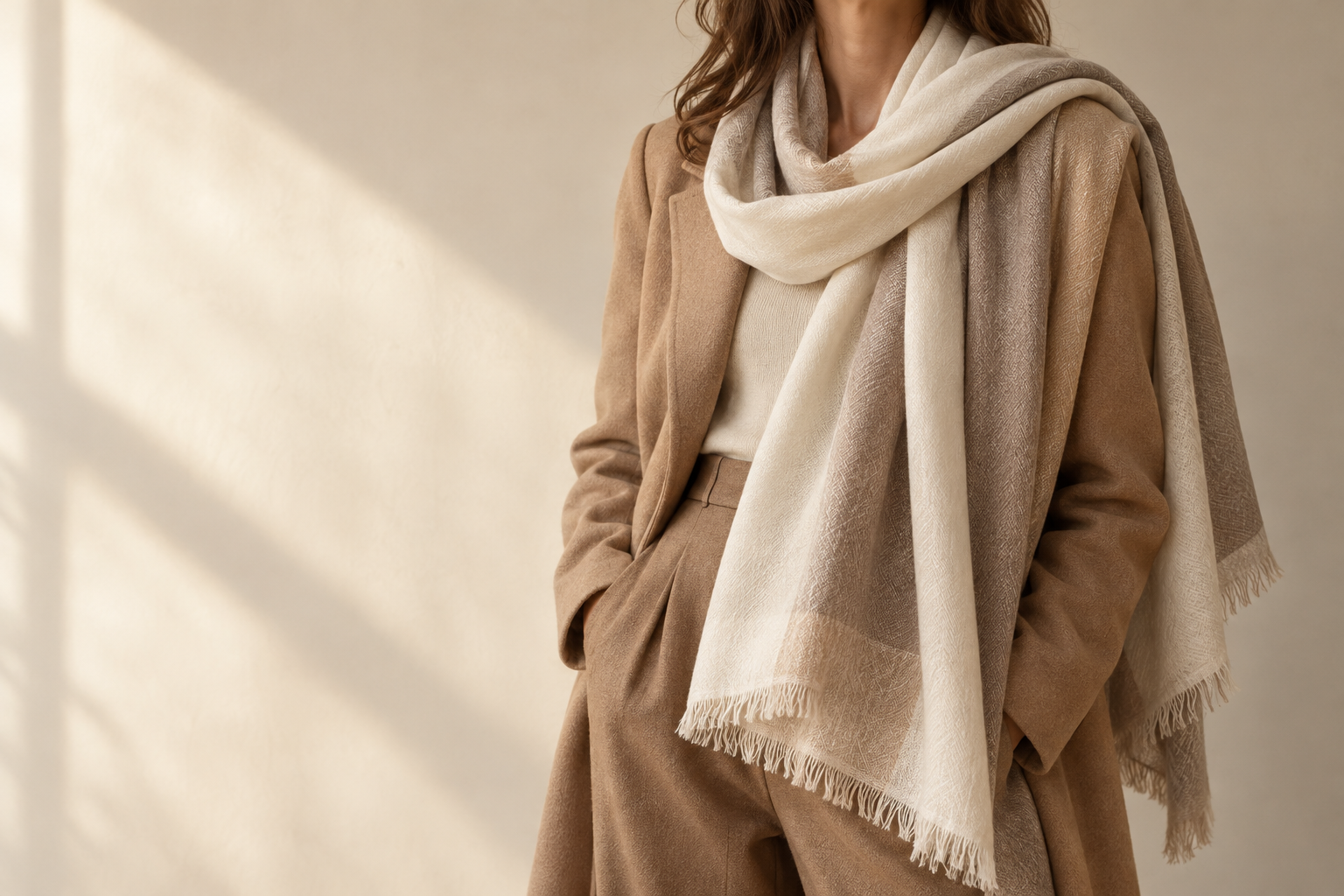 Original scarf styling concept with an ivory scarf and a camel coat.