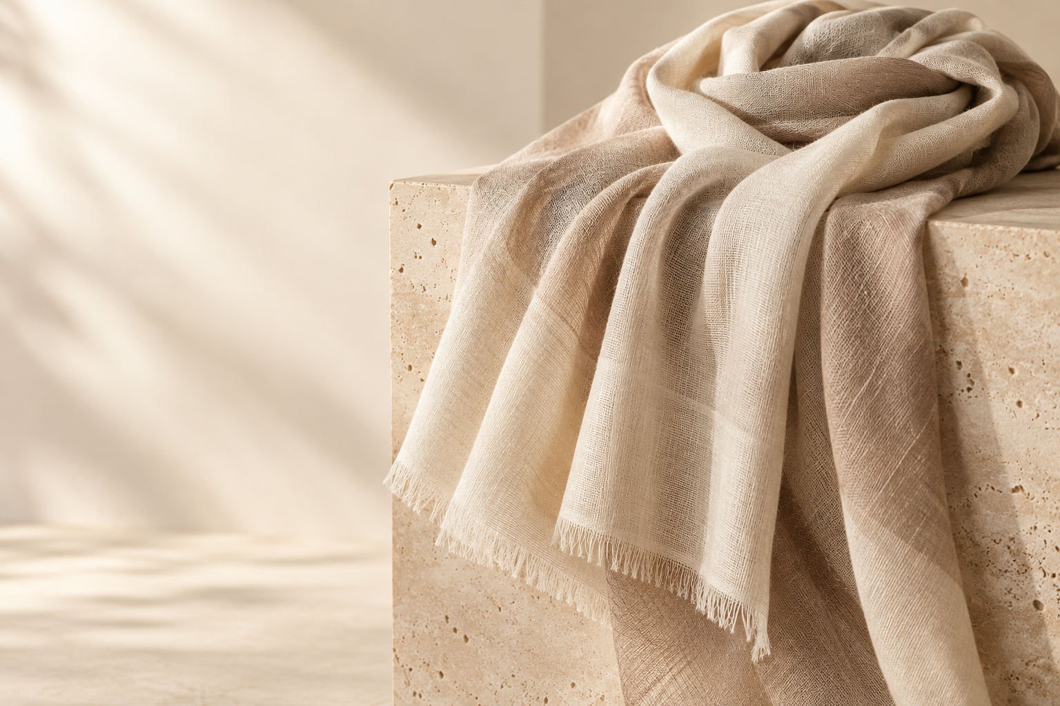 Original scarf concept showing neutral fabric folds and a softly fringed edge.